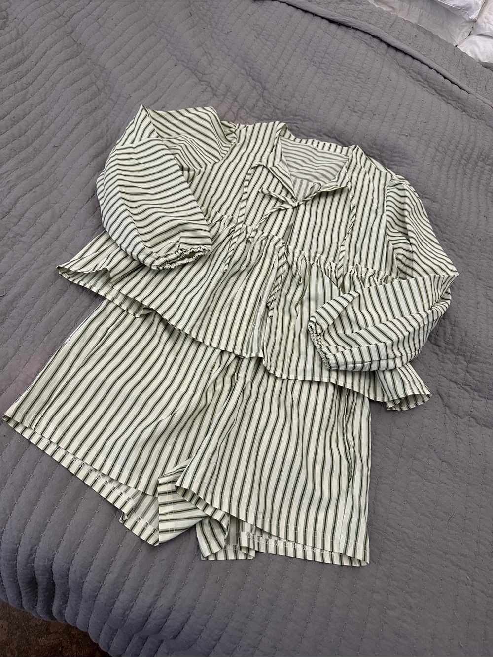 Striped Two-Piece Top and Shorts Set in Cream and Green